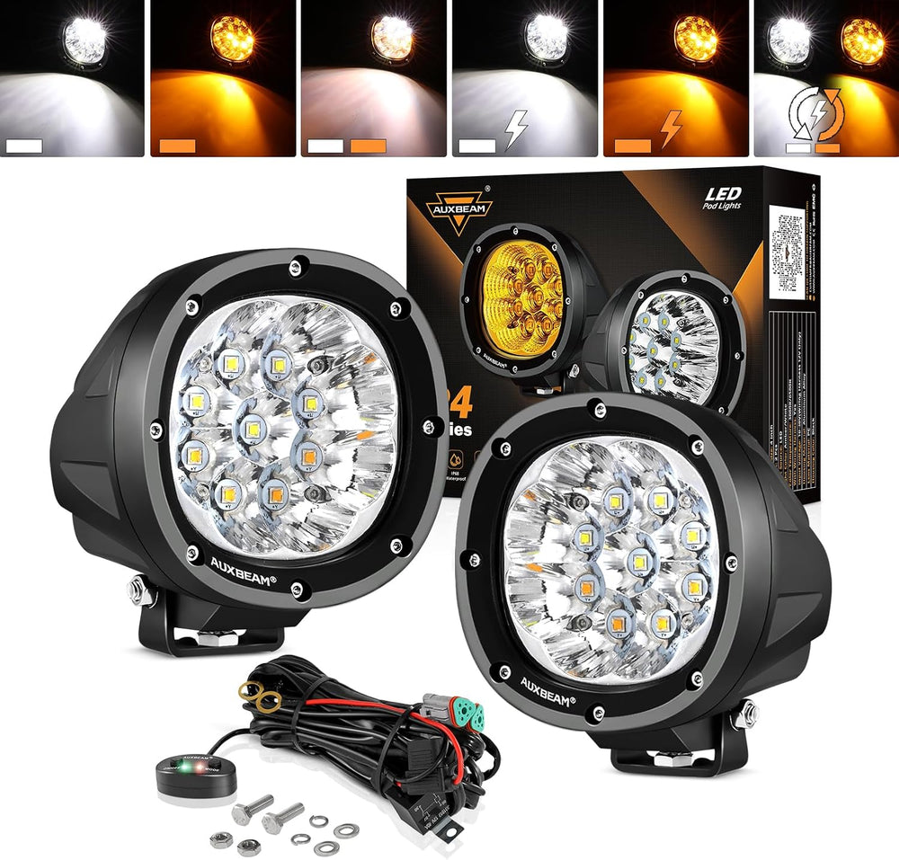 Auxbeam 4 Inch Round Offroad Light, 90W LED Amber White Spot Strobe Light Pods