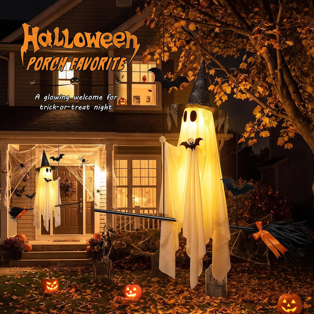 Halloween Ghost Decor, 60 inch, with Witch Hat and Broom, 8 Lighting Modes