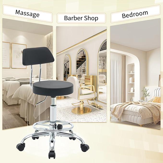 Rolling Stool with Back, Adjustable Height Foot Rest Rolling Salon Chair