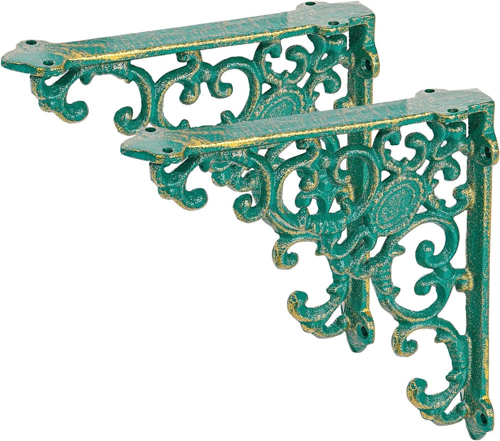 Sungmor Vintage Cast Iron Shelf Brackets - 2 Pack 7.7 Inch Rustic Green