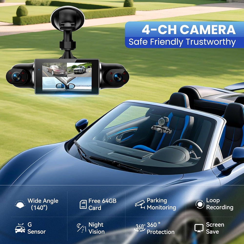 360°View 4 Channel Dash Cam, 4K+1080P Front and Rear Inside Left Right, Dash ...