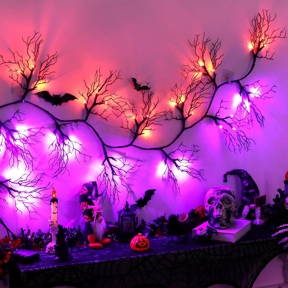 9 FT 66 LED Willow Vine Twig Decor Black Halloween Garland with Orange Purple...