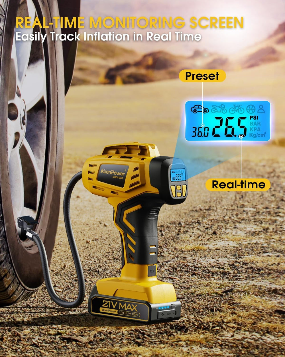 KeenPower Tire Inflator Portable Air Compressor 21V Battery Powered 160PSI