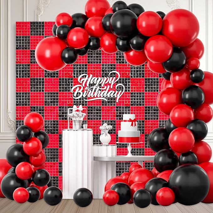 12PCS Black Red Shimmer Wall Backdrop, Square Sequin Photo Backdrops Panel, G...