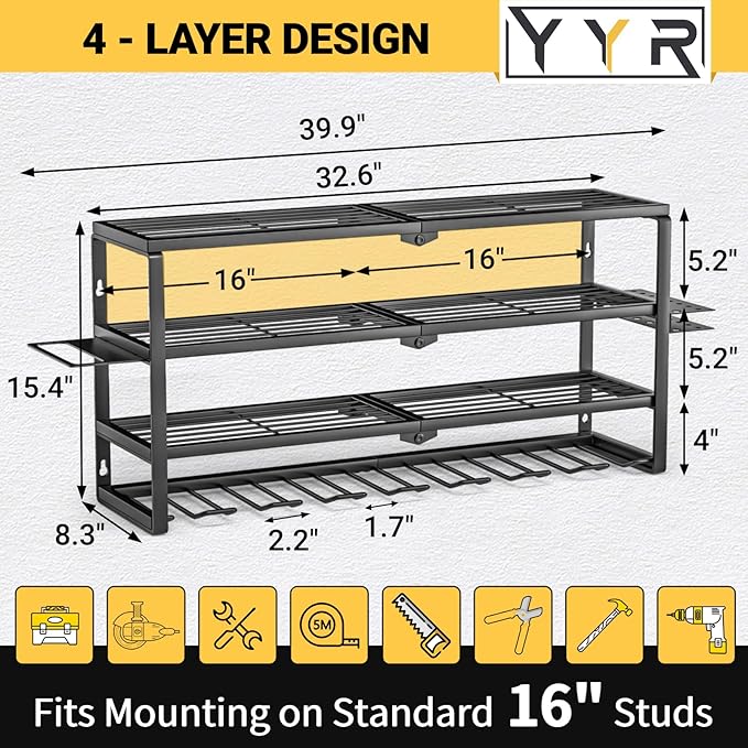 YYR 4 Layer Power Tool Organizer Wall Mount, Cordless Drill Hanger Storage Rack