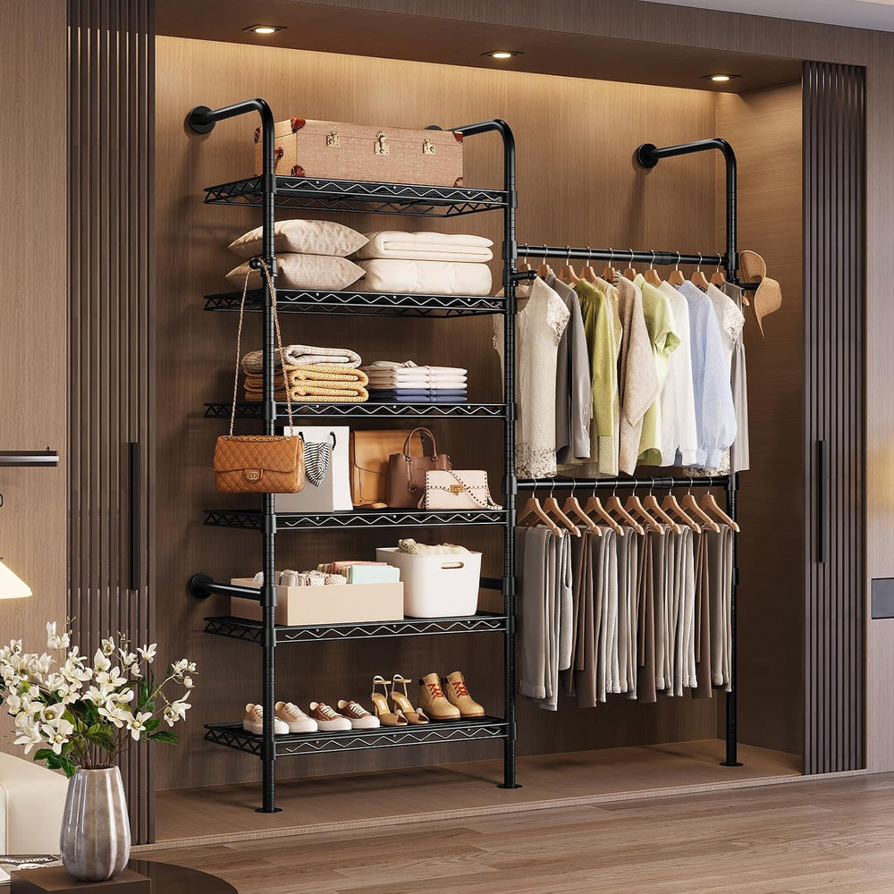 Wall Mounted Closet System, Heavy Duty 2-Row Clothes Rack, Expandable Industr...