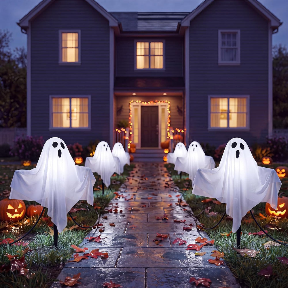 Halloween Ghost Pathway Lights, 4 Pack LED Yard Stake Lights Outdoor Decor