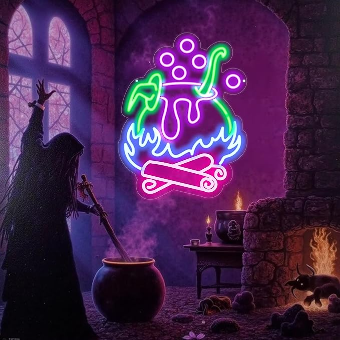 "Witch Brew" Cauldron Neon Sign - Spooky LED Cauldron Wall Art, Spo...