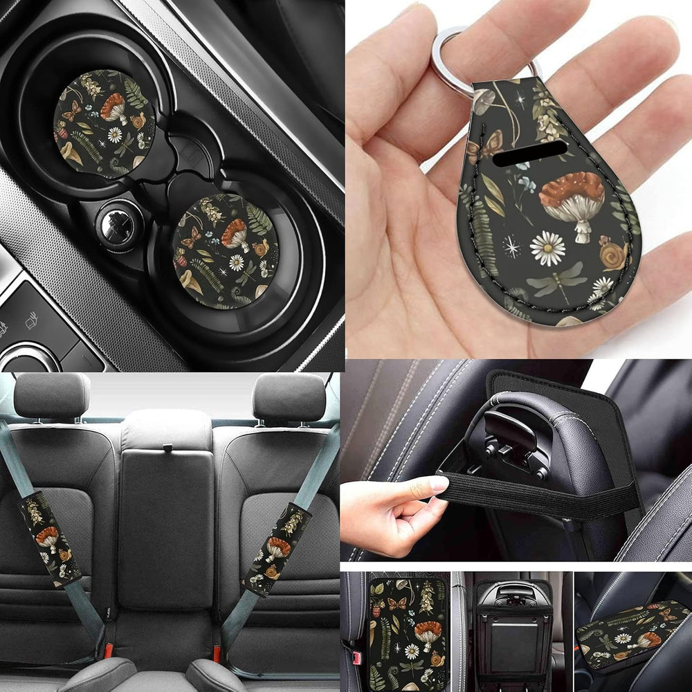 Mushroom Car Seat Covers Full Set of 12 Pcs,Retro Mushroom Auto Steering Whee...