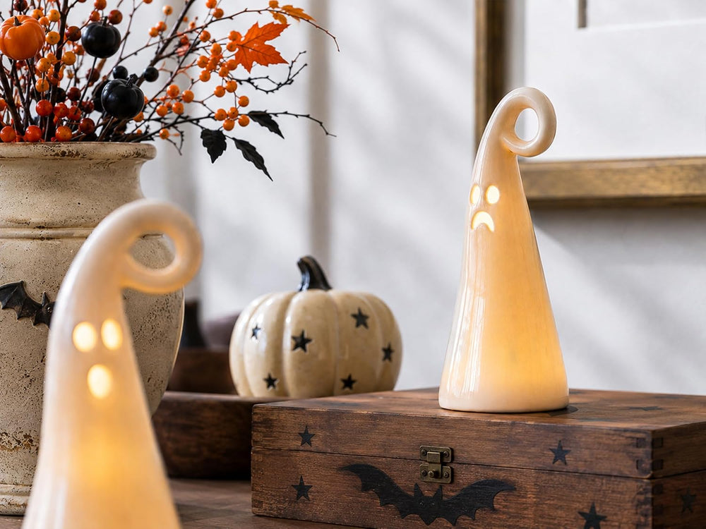 Parsin 5 PCS Ceramic Ghost Light Up Decor, Cute Halloween Decor