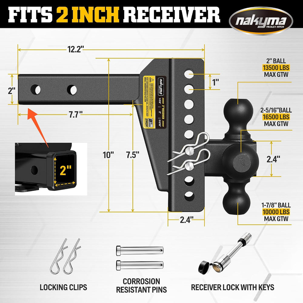 Adjustable Trailer Hitch 8 Inch Drop Hitch Fits 2" Receiver, Tri Ball(1-...