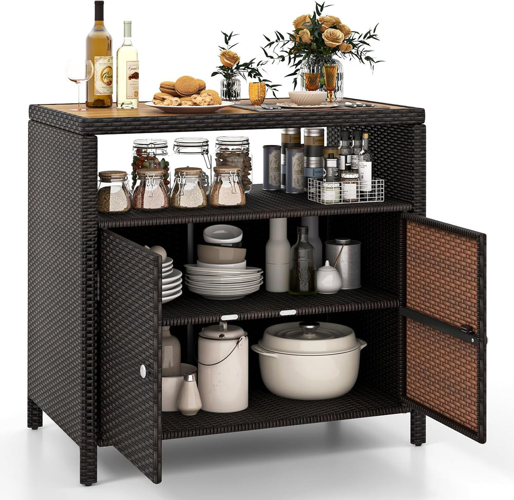 HAPPYGRILL Outdoor Rattan Storage Cabinet, Patio Sideboard Buffet Cabinet wit...
