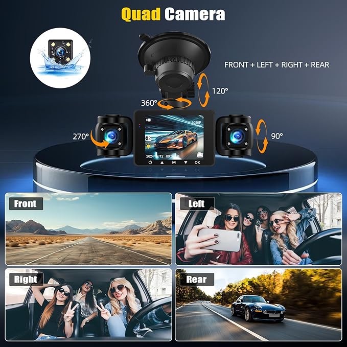 4 Channel Dash Cam Front and Rear Inside Left Right, 2.4 Inch 1080P Dash Camera