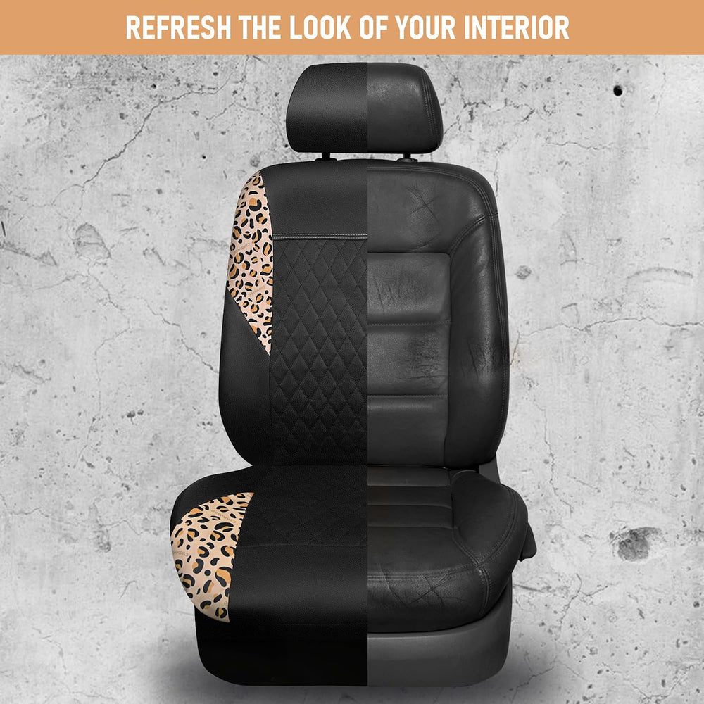 CAR PASS Leather Leopard Two Front Seat Cover Only, Universal Quilting Waterp...