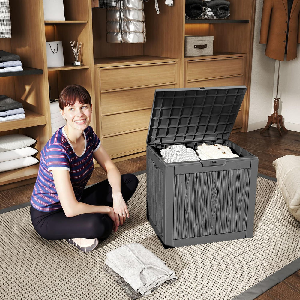 35 Gallon Lockable Outdoor Storage Box – Waterproof Resin Deck Box with Lid, ...