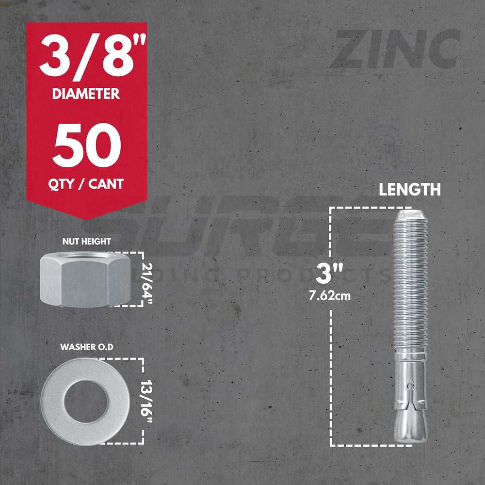 3/8" x 3" Zinc-Plated Wedge Anchors for Concrete & Cement (Box ...