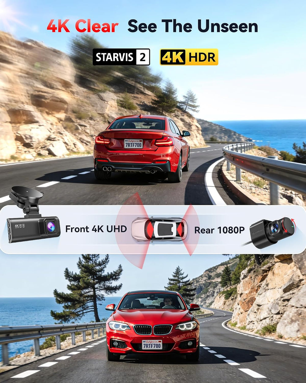 REDTIGER Dash Cam 4K Front and 1080P Rear, STARVIS 2 Sensor, 5.8GHz WiFi (20M...