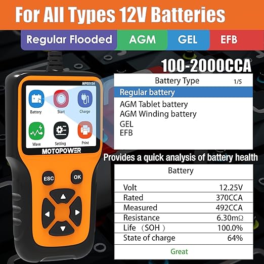 MOTOPOWER MP0515A 12V Car Battery Tester Automotive 100-2000 CCA Battery Load