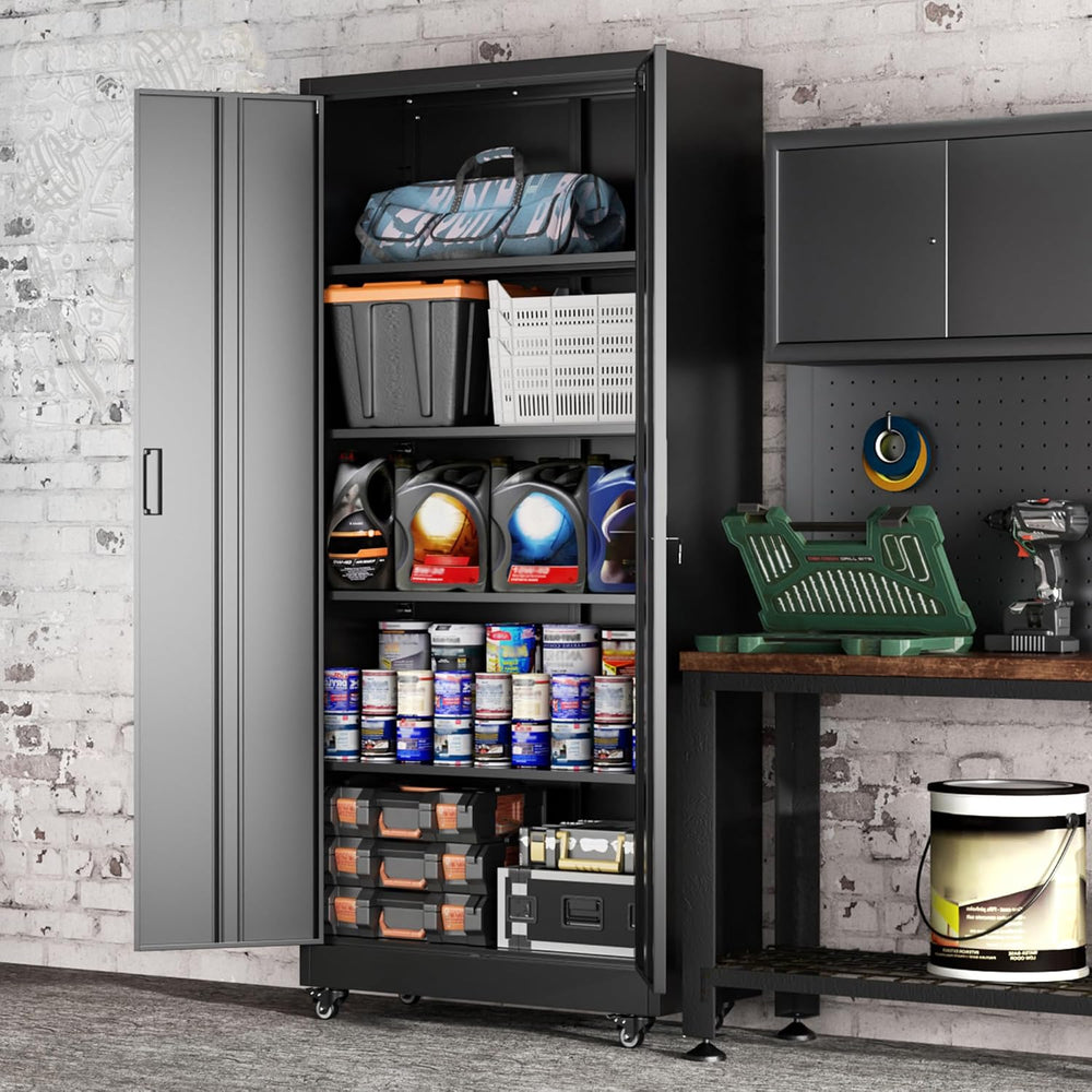 Greenvelly 73" Rolling Storage Cabinet,Black Metal Garage Cabinet with L...