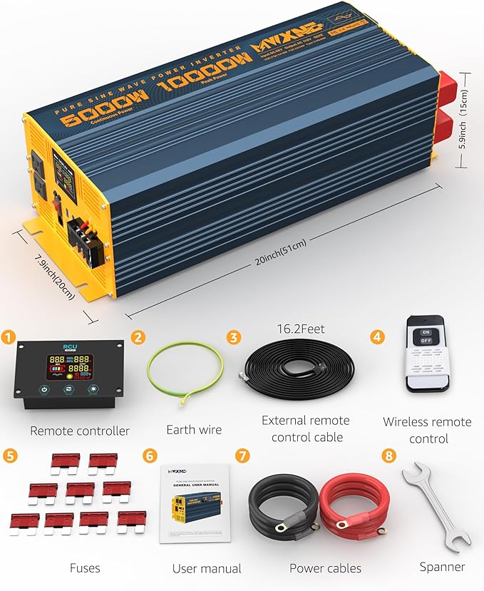 5000 Watt Power Inverter Pure Sine Wave 48V DC to 110V 120V 10000W Peak Heavy