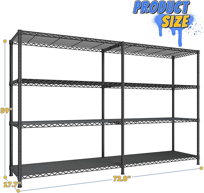 REIBII 72.8" W Storage Shelves Load 1500LBS, 4 Tier Metal Shelving Unit ...