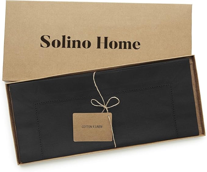 Solino Home Black Hemstitch Table Runner 60 Inches - Cotton Linen Small Table...