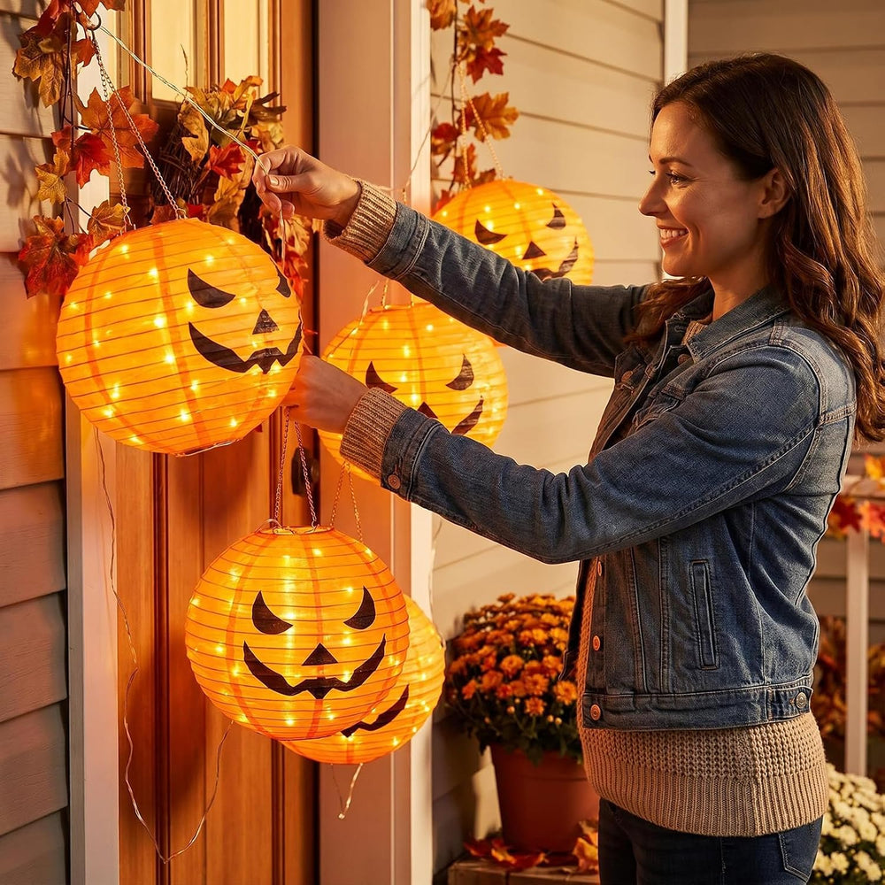 HUGSVIK 4Pcs Solar Pumpkin Lantern Outdoor Hanging Halloween Decorations