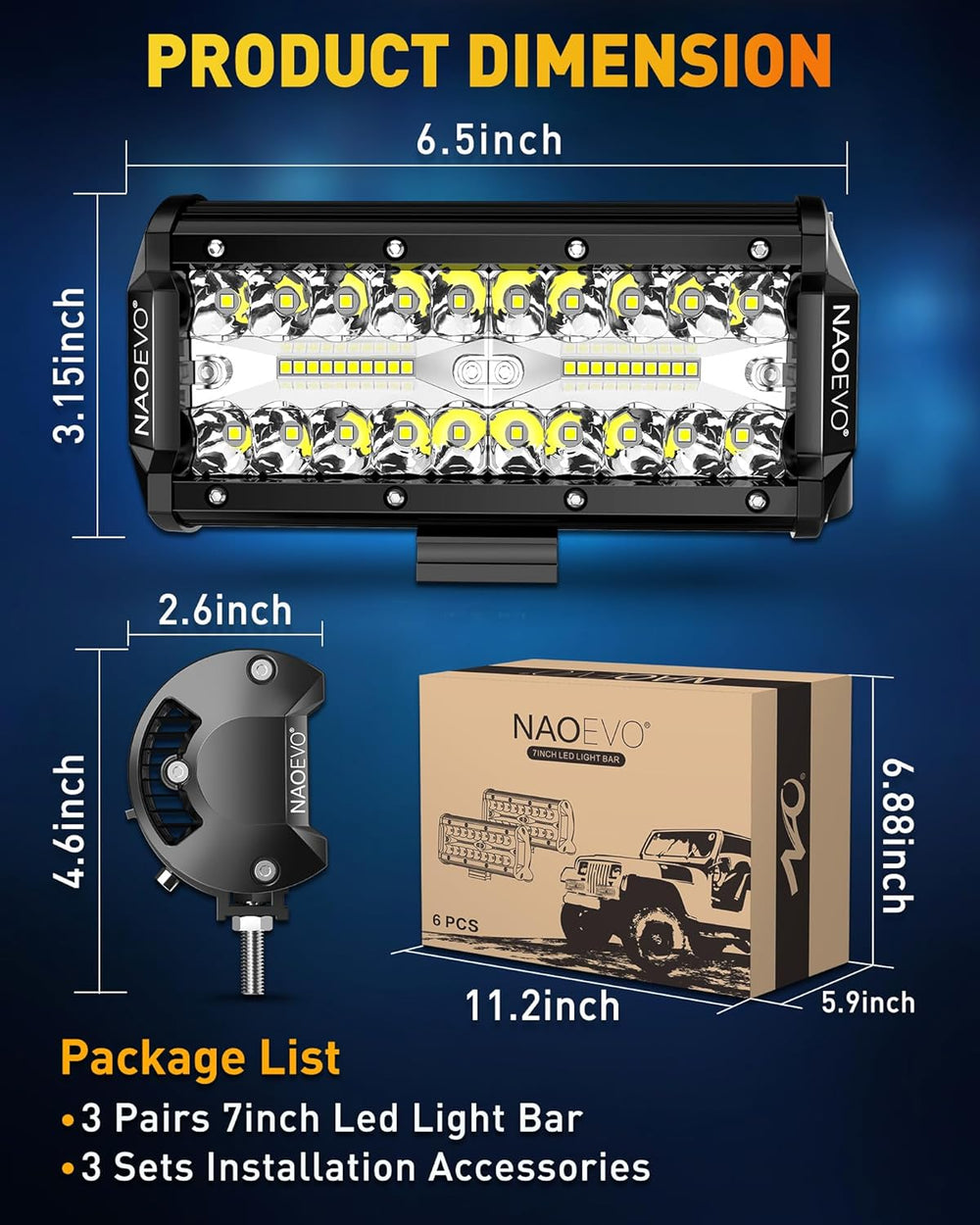 NAOEVO 7 Inch LED Light Bar, 720W 72,000LM LED Off Road/Fog Lights, 6 Pcs