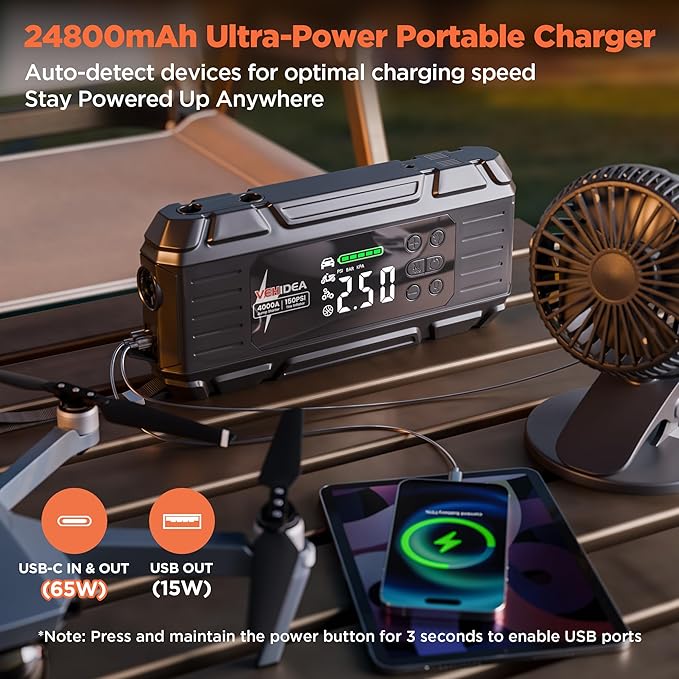 Jump Starter with Air Compressor: 4000A 150PSI Car Battery Charger - 65W Tire