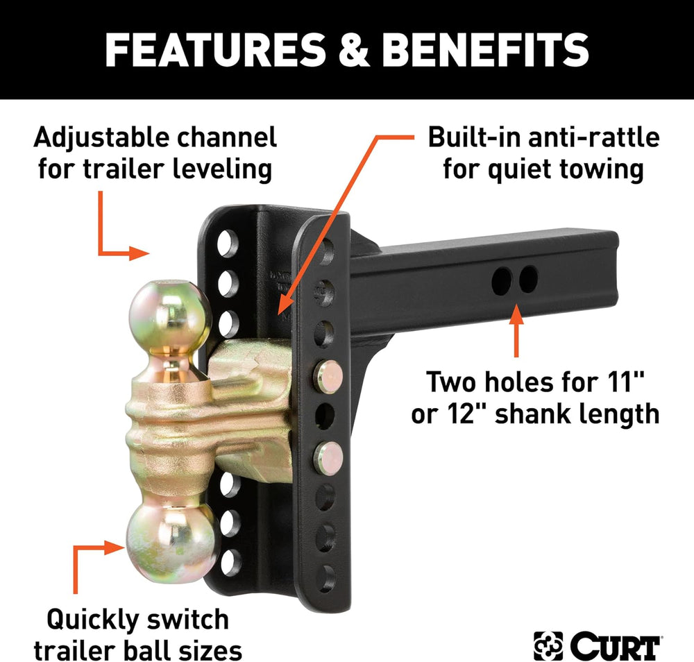 CURT 45900 Adjustable Dual-Ball Channel Mount, 2" Shank, 6" Drop