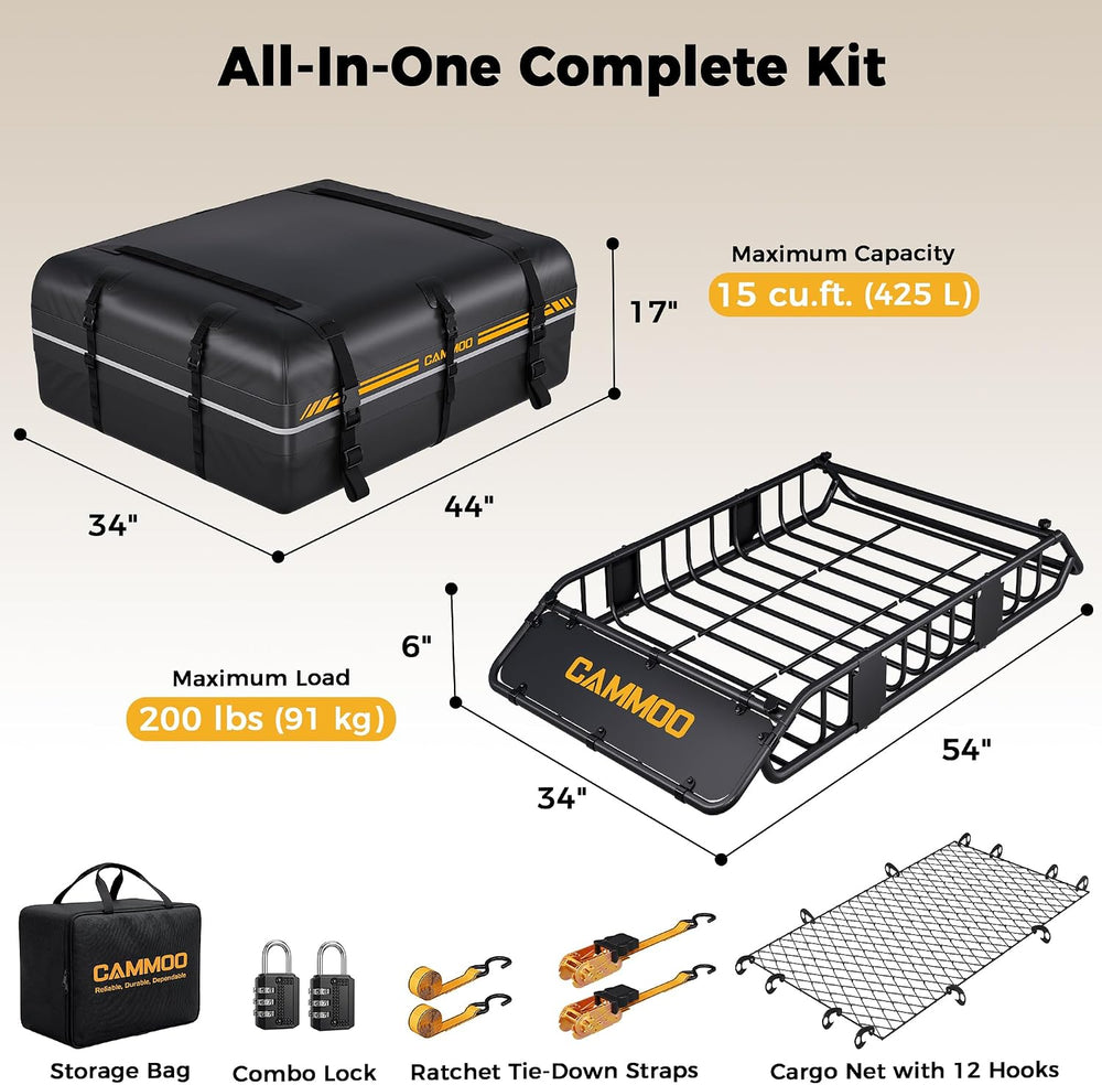 CAMMOO 54"x34" Roof Rack Basket, Removable Fairing & Support Ba...