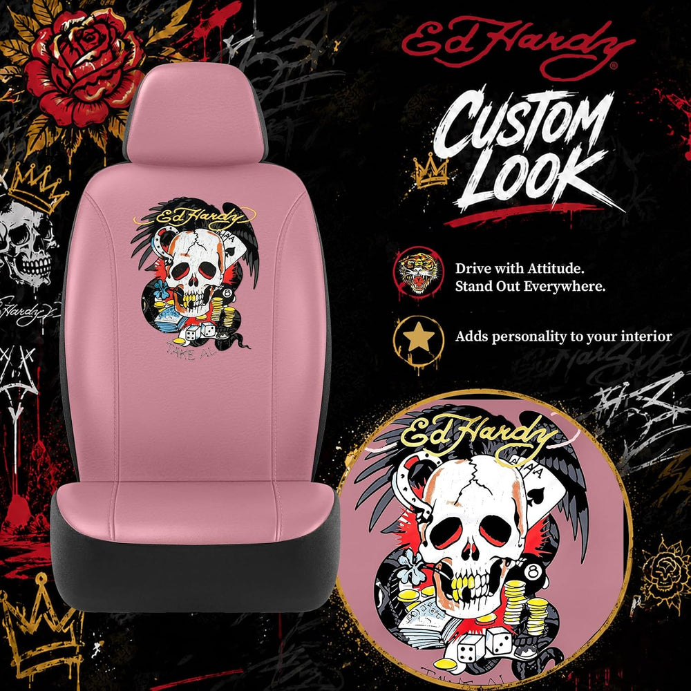 ED HARDY Casino Skull Car Seat Covers, Pink Premium Leather Seat Covers
