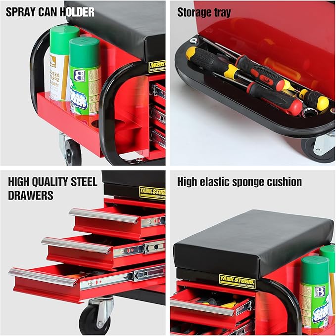 Tool Box Built-in Creeper Seat, Garage Shop Roller Seat, 3 Drawers Heavy Duty