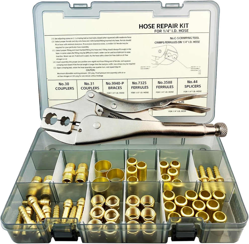 58PCS Hose Repair Kit, 1/4 I.D.Torch Hose Repair Kit, Air Hose Crimper Tool