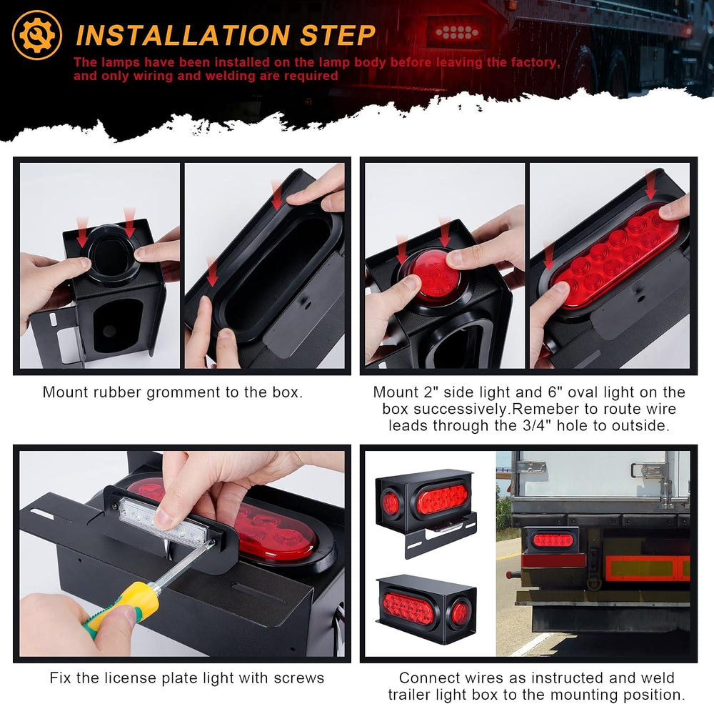 2PCS Steel Trailer Light Boxes Housing Kit with Red Tail Lights, Red Side Mar...