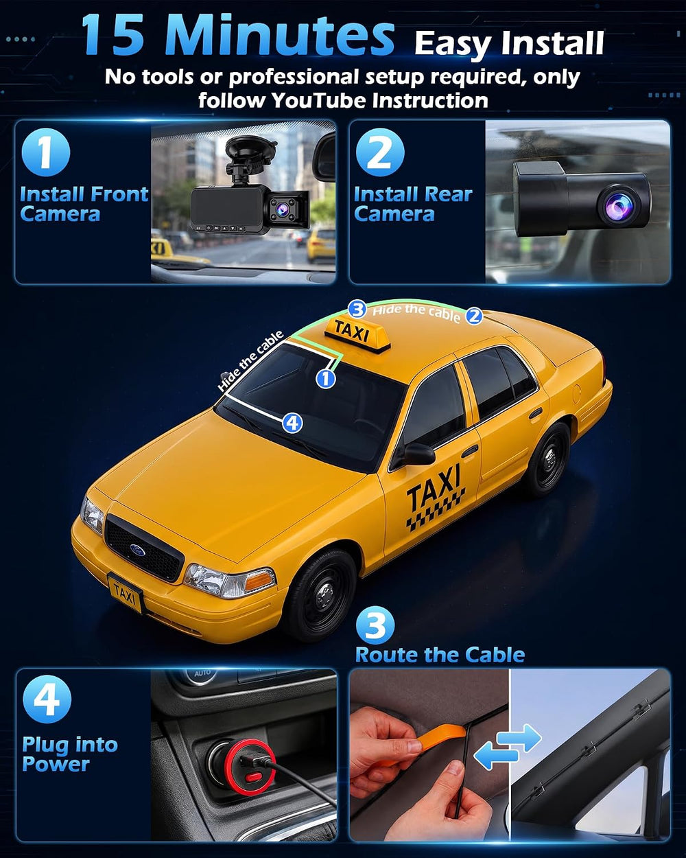 4K+2.5K+1296P 3 Channel Dash Cam: Front Rear Inside Car Camera, 64GB Card