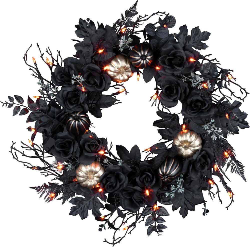 National Tree Company, 24inch Artificial Chic Eek Black and Gold Halloween Wr...
