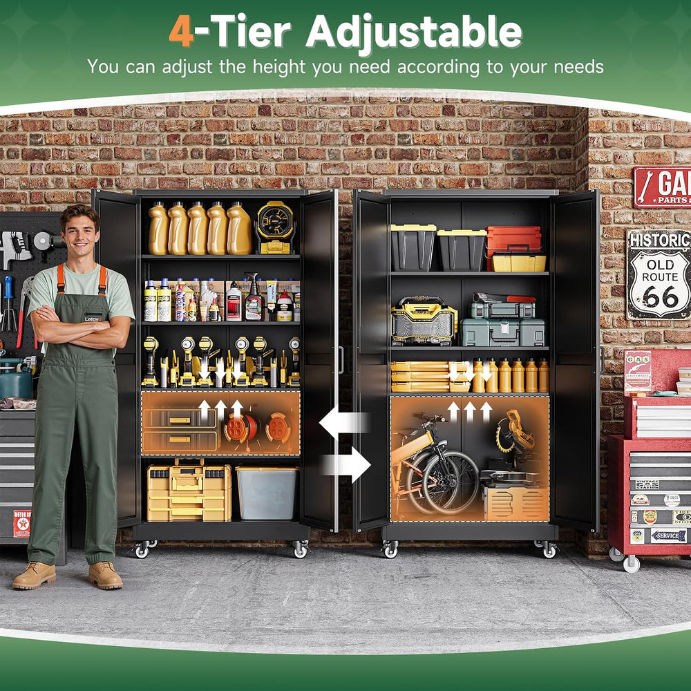 Letaya Metal Garage Storage Cabinet with Wheels,72" Black Tool Steel Locker