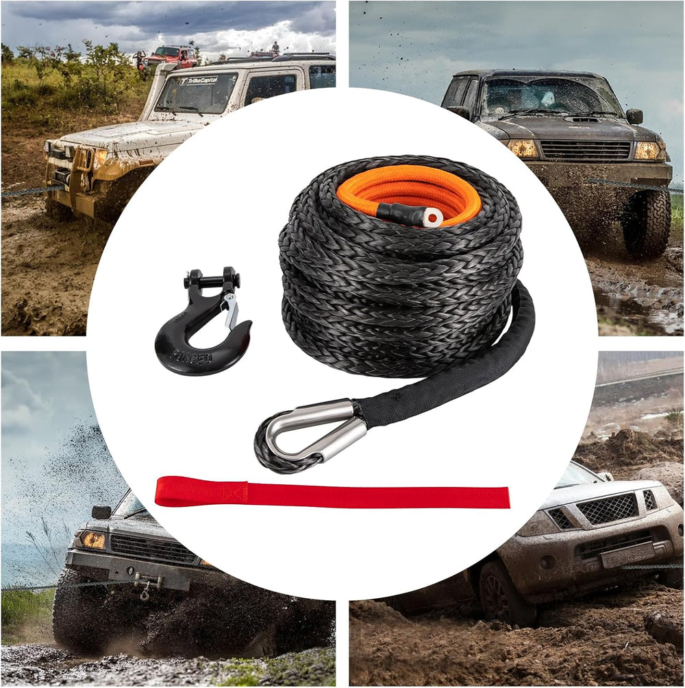 9/16" x76' Synthetic Winch Rope with Hook, Winch Cable with Protecti...