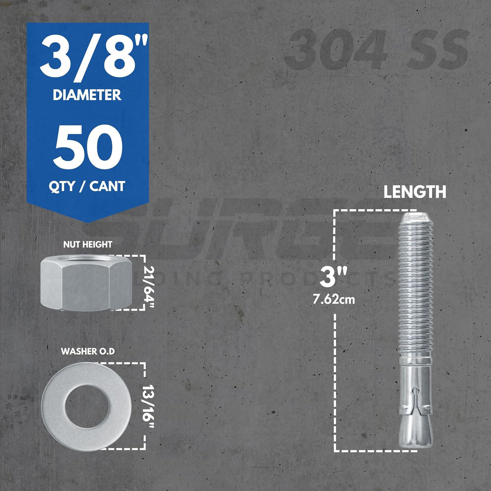 3/8" X 3" 304 Stainless Steel Wedge Anchors for Concrete (Box of 50)