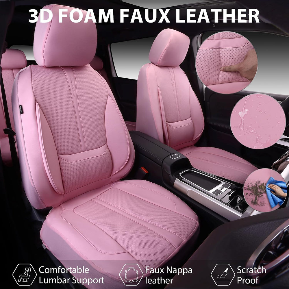 CAR PASS Pink Leather Seat Covers Full Set, Water Resistant 3D Foam Faux Leat...