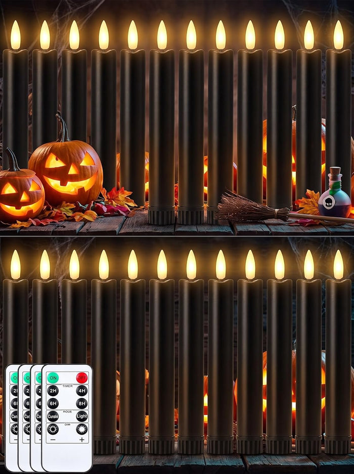 Funtery 24 Pcs Halloween Black Flameless Taper Candles with Remote Timer