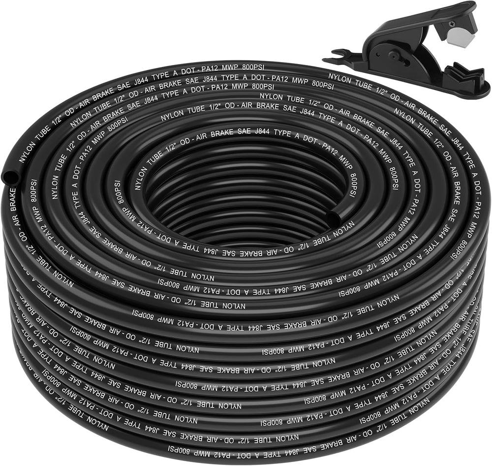 1/2" DOT Air Line, 100FT SAE J844 PA12 Nylon Air Tubing with Cutter