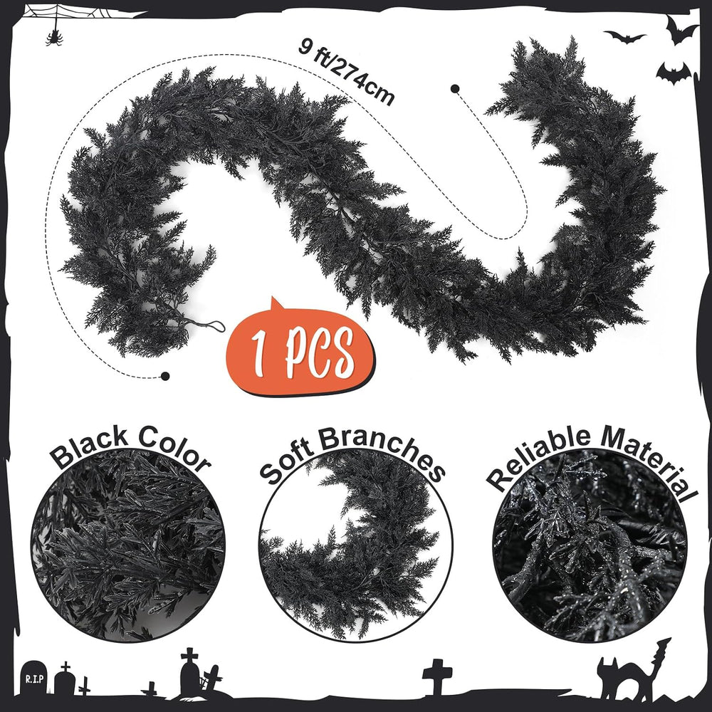 Dingion 1 Pack 9 ft Halloween Black Artificial Cedar Garland