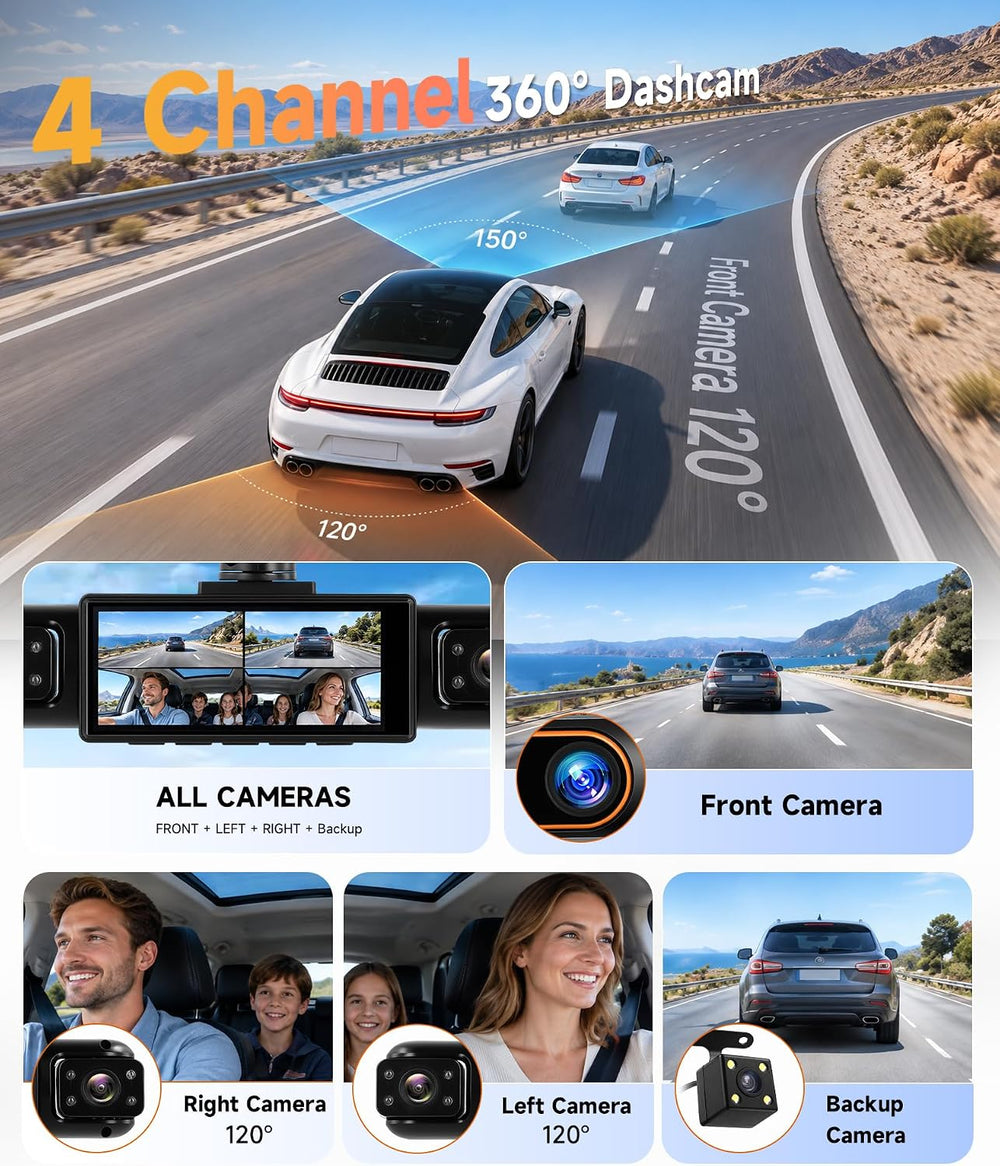 4 Channel 360° Dash Cam, FHD 1080P Dash Camera Front Rear Left Right Inside