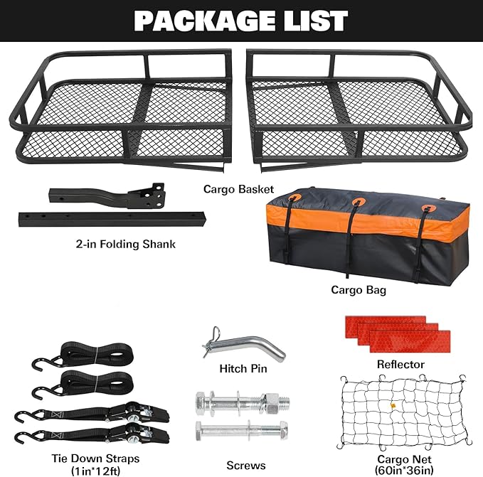 WEIZE Folding Hitch Mount Cargo Carrier Basket 60" x 20" x 6"