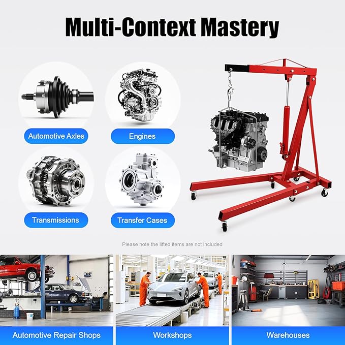 2 Ton Engine Hoist, Folding Hydraulic Engine Crane Red, Heavy Duty Cherry