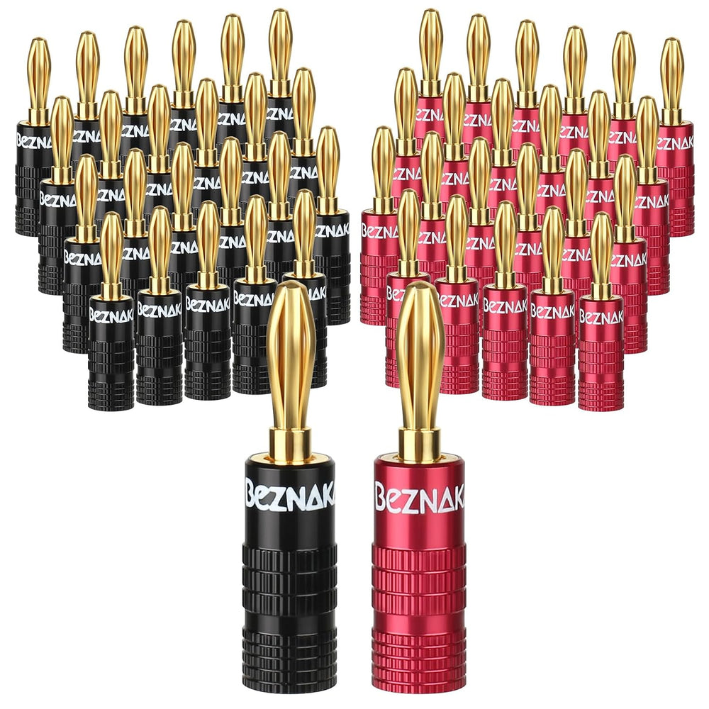 Banana Plugs with Dual Set Screws, Black and Red Aluminum Shell, 24 Pairs