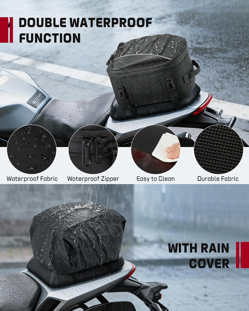 RAINSMORE Motorcycle Tail Bag 22-34L Expandable Motorcycle Rear Seat Bag
