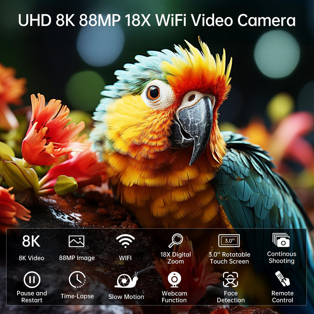 FlyFrost 8K Video Camera 88MP UHD WiFi Vlogging Cameras for YouTube 18X Digit...